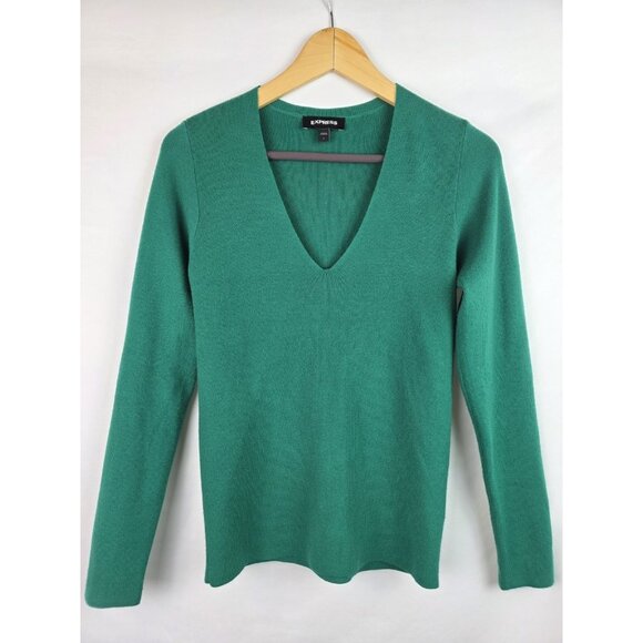 Express Womens Sweater Size Large Emerald Green V-Neck Soft Knit Long Sleeve Top - Picture 1 of 10